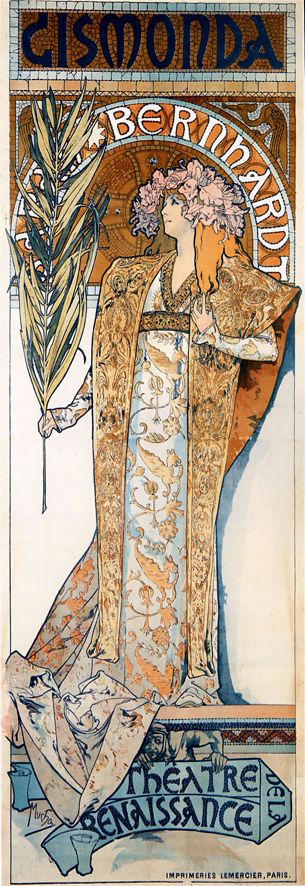 Alfons Mucha 1860 – 1939, Gismonda 1894.
Plakat für Victorien Sardous 'Gismonda', 
gespielt von Sarah Bernhardt am 
Théâtre de la Renaissance in Paris. 
Lithographie 216 x 74 cm. 
Grendelkhan 2010 commons.wikimedia