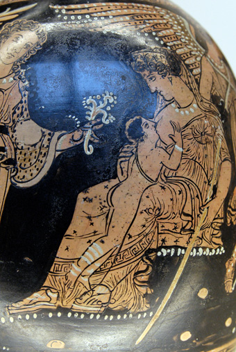 “Zogende schilder”
Hera zoogt Heracles aan haar borst
Detail Lekythos, 
Apulisch roodfigurig, Greeks vaatwerk voor olijfolie, 
Anzi 360 - 350 v. Chr.
British Museum, Steuart Collection 
© M.-L. Nguyen 2007 Wikimedia Commons