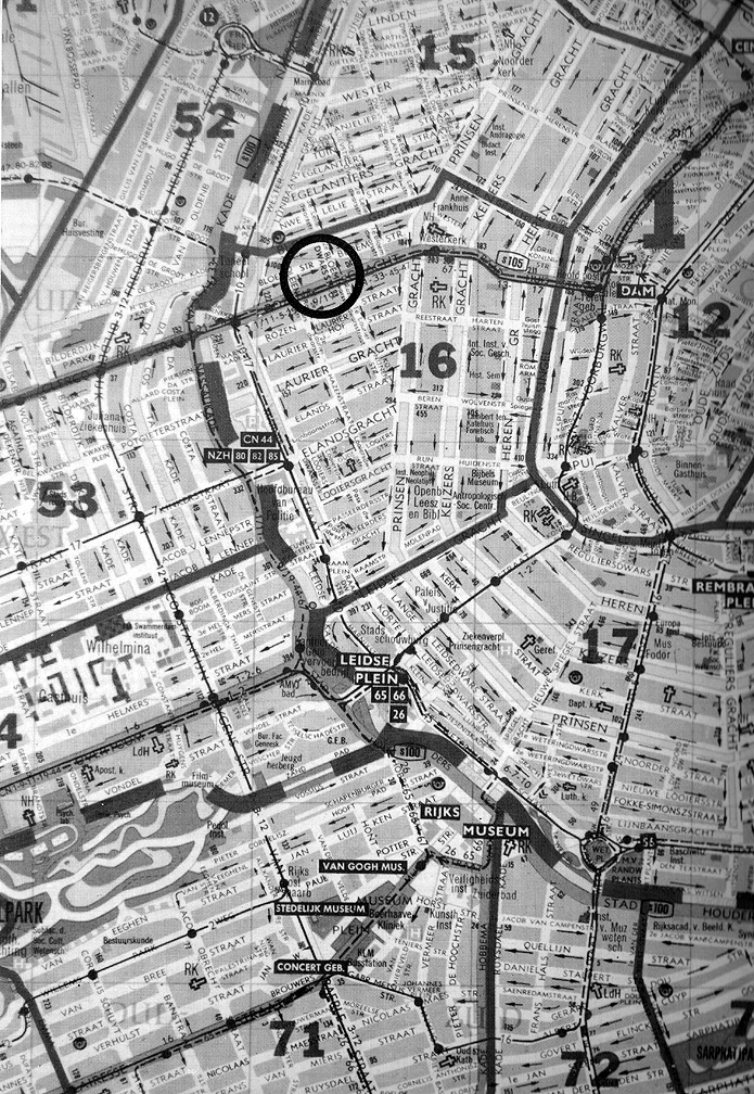 Plattegrond van Amsterdam Centrum-West 
met indicatie van de ligging van het Rijpenhofje en de Huizen Lely