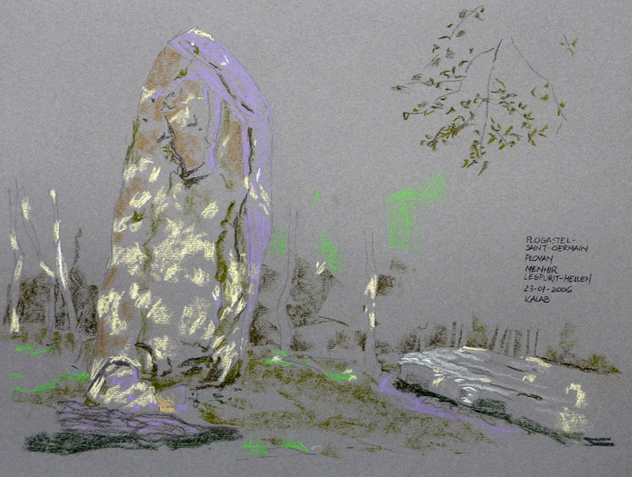 ‘Menhir de Lespurit-Hellen’
Plogastel-Saint-Germain, Plovan, Plomeur, Bretagne, Frankrijk
4.000 v. Chr., graniet 7.6 meter. 23 juli 2007, pastel op pastelpapier